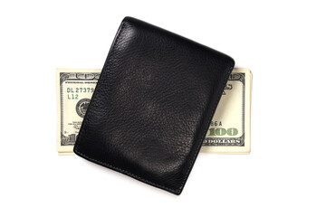Black leather wallet with american dollars money isolated on white background, concept of savings, investment