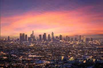 Los Angles city skyline at sunset