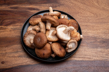 Fresh brown Lentinula edodes or shiitake edible mushrooms