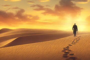 Fototapeta na wymiar one person from backlost at Sahara desert with layers of sand dunes at sunset generative ai 