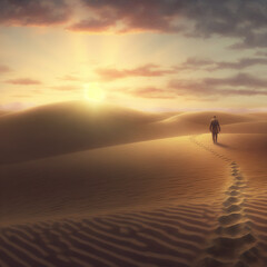 Fototapeta na wymiar lonely man at Sahara desert with layers of sand dunes at sunset 