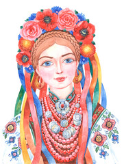 A beautiful Ukrainian girl in a traditional wreath of flowers and ribbons and folk clothes with decorations is painted in watercolor on a white background, handmade
