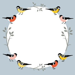 Round frame background with birds, Bullfinch, Great Tit. 