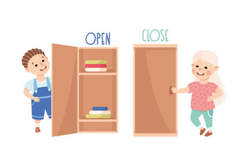 Little Boy and Girl Opening and Closing Door Demonstrating Vocabulary and Verb Vector Set