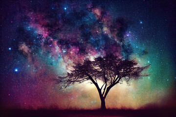 fantasy tree in the night, colorful universe and stars in the backgrond