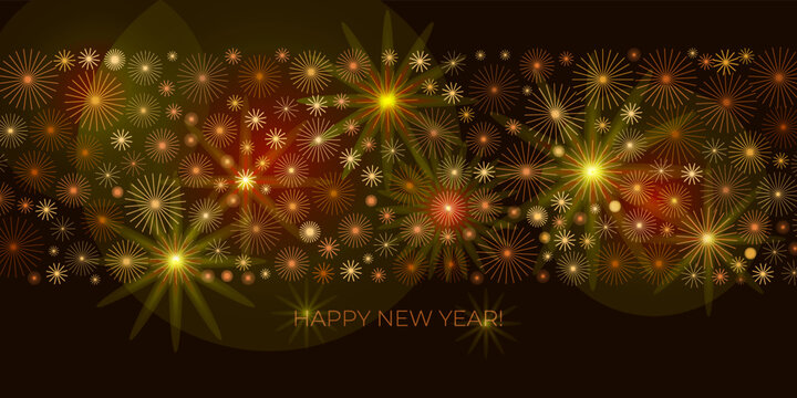 Fireworks vector dark festive horizontal card. Bright shades of gold and bronze geometric fireworks with light effects on black background. Happy New Year celebration template.