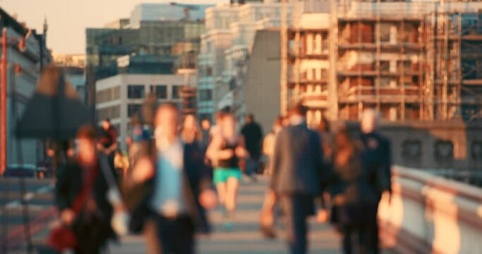 Blurred view, diversity or people in city in morning work commute, running exercise or Berlin, Germany travel. Defocused, busy crowd or urban men and women on sunset road or sunrise street location