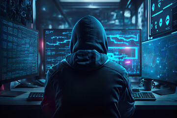 hacker front of his computer committing digital cybercrime - obrazy, fototapety, plakaty