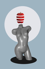 Digital collage with a female mannequin and divided apple	