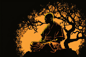 A silhouette of monk meditatin, a fictional person - obrazy, fototapety, plakaty