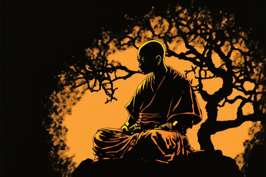 A silhouette of monk meditatin, a fictional person