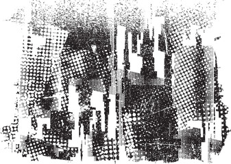 Glitch distorted grungy shape . Noised grange texture. Textured and glitched shapes .Grunge texture. Screen print and noise effect .Vector overlay background with a halftone dots screen print texture.