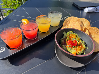 Mexican Margaritas flight with Chips and Guacamole and Salsa