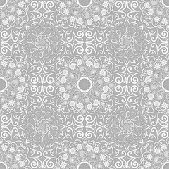 Seamless floral pattern, hand drawn, vector. White mandalas, boho style, grey background.