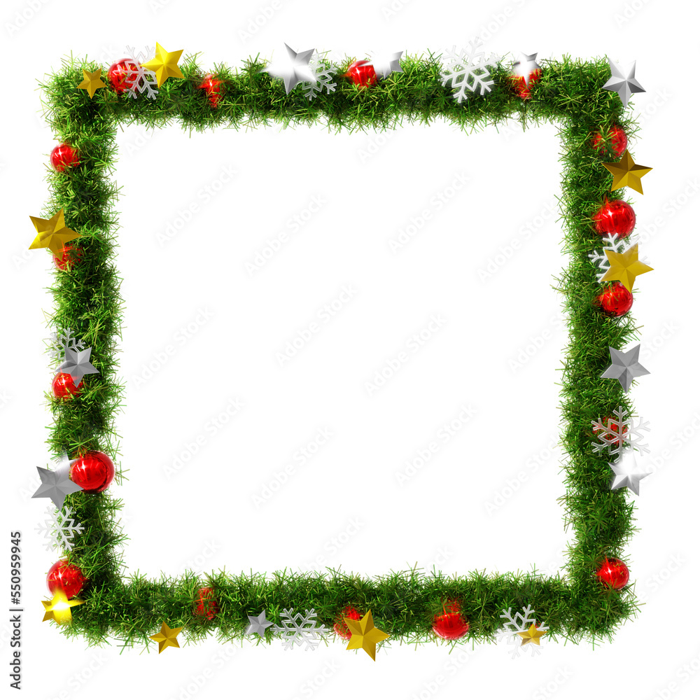 Wall mural beautiful green christmas wreath square frame with snowflake and shiny stars and red orbs, on transp