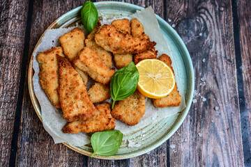   Allasca Pollock Fish  Bites in a crispy Tempura  Batter.Fish and chips .Close up of   crispy...