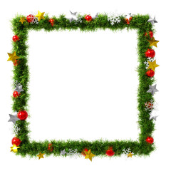 Beautiful green christmas wreath square frame with snowflake and shiny stars and red orbs, on transparent background (RGBA 3D Rendering PNG)	