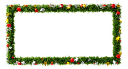 Beautiful green christmas wreath 1 to 2 rectangle frame with snowflake and shiny stars and red orbs, on transparent background (RGBA 3D Rendering PNG)	