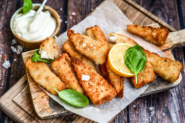   Allasca Pollock Fish  Bites in a crispy Tempura  Batter.Fish and chips .Close up of   crispy breaded  deep fried fish fingers with breadcrumbs s erved with remoulade sauce and  lemon
