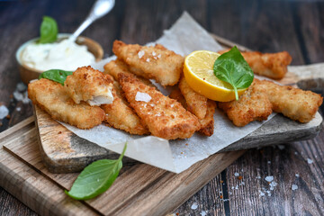   Allasca Pollock Fish  Bites in a crispy Tempura  Batter.Fish and chips .Close up of   crispy breaded  deep fried fish fingers with breadcrumbs s erved with remoulade sauce and  lemon