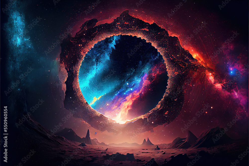 Wall mural fantasy background with magical portal to another dimensin on alien planet in space