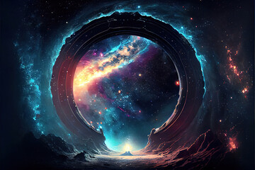 fantasy background with magical portal to another dimensin on alien planet in space