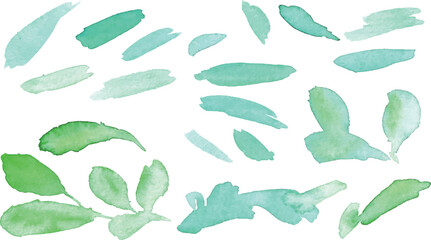 水彩画。水彩タッチの緑の葉っぱベクターイラスト。落書き風の緑の植物。Watercolor painting. Green leaves vector illustration with watercolor touch. Green plants in graffiti style.
