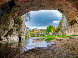 Puentedey village is on a natural bridge over Nela river, Las Merindades, Burgos province,...