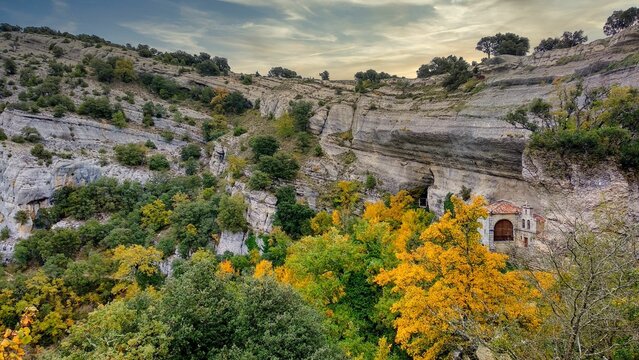 Chapel of San Bernabe in Ojo Guare&ntilde;a Natural Monument, Las Merindades, Burgos province, Castile Leon, Spain.