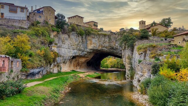 Puentedey village is on a natural bridge over Nela river, Las Merindades, Burgos province, Castilla-Le&oacute;n, Castille-Leon, Spain