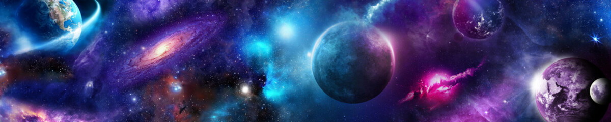 Fototapeta na wymiar Space scene with planets, stars and galaxies, nebula. Panorama. Horizontal view. Template banner. 3d render