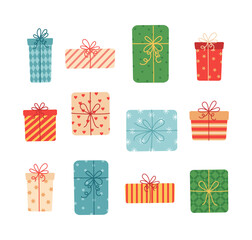 Christmas presents set, different boxes with ribbons, Vector illustration in flat cartoon style.