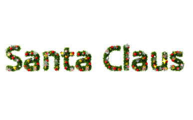 Beautiful christmas wreath like font in the shape of text Santa Claus with snowflake and shiny stars and red orbs on transparent background (RGBA 3D Rendering PNG)	