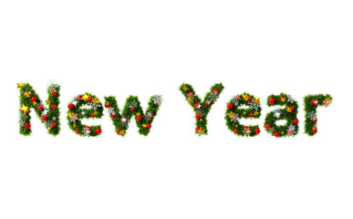 Beautiful christmas wreath like font in the shape of text New Year with snowflake and shiny stars and red orbs on transparent background (RGBA 3D Rendering PNG)	