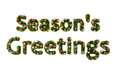 Beautiful christmas wreath like font in the shape of text Season's Greetings with snowflake and shiny stars and red orbs on transparent background (RGBA 3D Rendering PNG)	