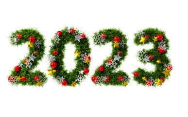 Beautiful christmas wreath like font in the shape of text 2023 with snowflake and shiny stars and red orbs on transparent background (RGBA 3D Rendering PNG)	