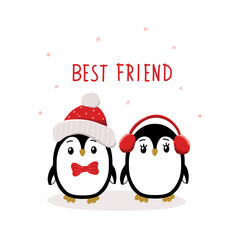 Cute penguins in winter clothes with motivation lettering