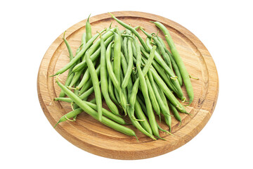 Green beans handful on a cutting board isolated on white background.