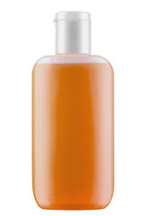 Cosmetic bottle orange color isolated on white background.  Antimicrobial liquid gel. Hand hygiene. Shampoo bottle.