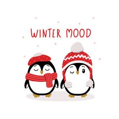 Cute penguins in winter clothes with motivation lettering