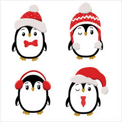 Set of cute penguins in winter clothes