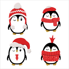 Set of cute penguins in winter clothes