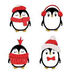 Set of cute penguins in winter clothes