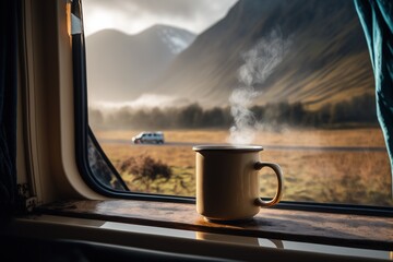 Steaming cup of coffee on the window sill of a campervan - Van Life and Slow living - obrazy, fototapety, plakaty