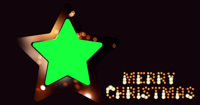 Beautiful twinkling golden big star with animated Merry Christmas text on black background. golden star green screen background. Can be used for photo frame, Christmas, birthday celebration, Xmas etc