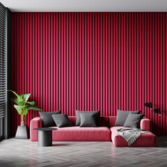 Luxury living room in trend 2023 color. Viva magenta walls, lounge furniture - red carmine, cochineal. Empty space for art or picture. Rich interior design. Mockup lounge or reception hall. 3d render