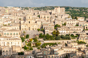 Fototapeta na wymiar Panoramic view of Modica with the cathedral of San Giorgio, in southeastern Sicily