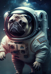 pug wearing a space suit in space, sci-fi, surreal