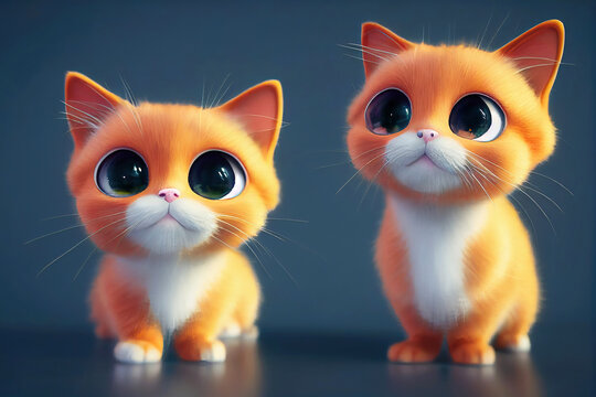 Two cut fluffy 3d cartoon cats with big eyes