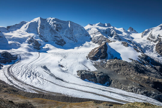 Bernina and Palu mountain range with glaciers in the Alps, Engadine, Switzerland